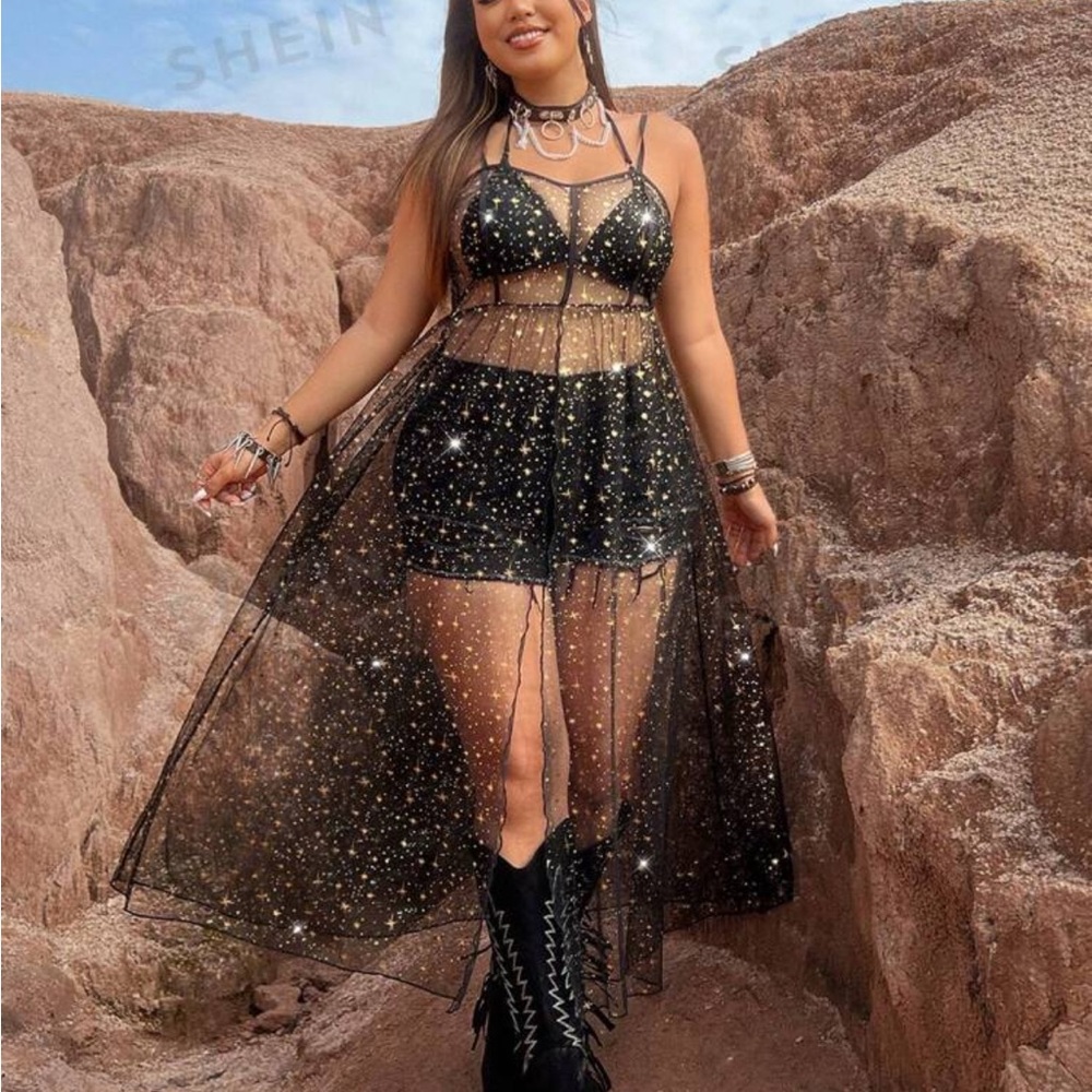 Sheer Cami Dress Stars SHEIN